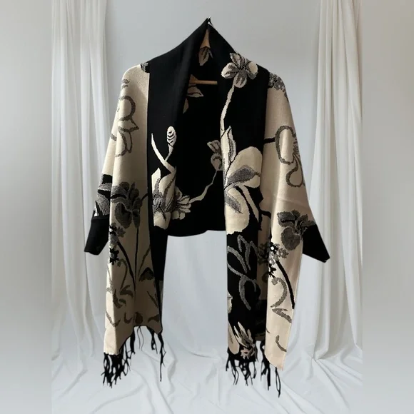Black and Cream Floral Women's Sweater Poncho - Picture 3 of 3
